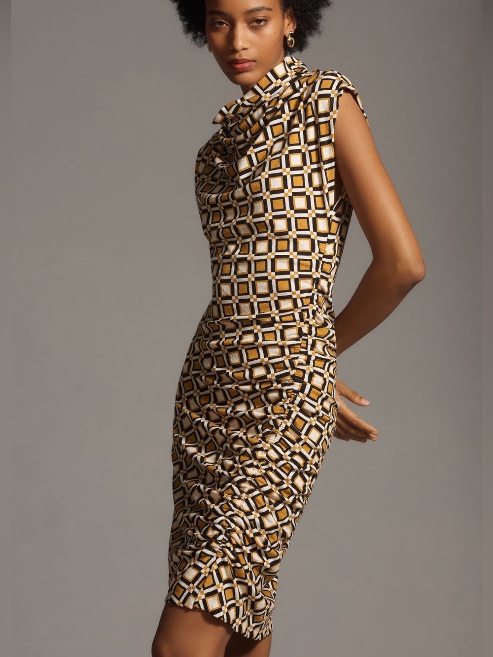 Anthropologie The Maya Ruched Cowl-Neck Printed Dress Size XL Gold Black Midi